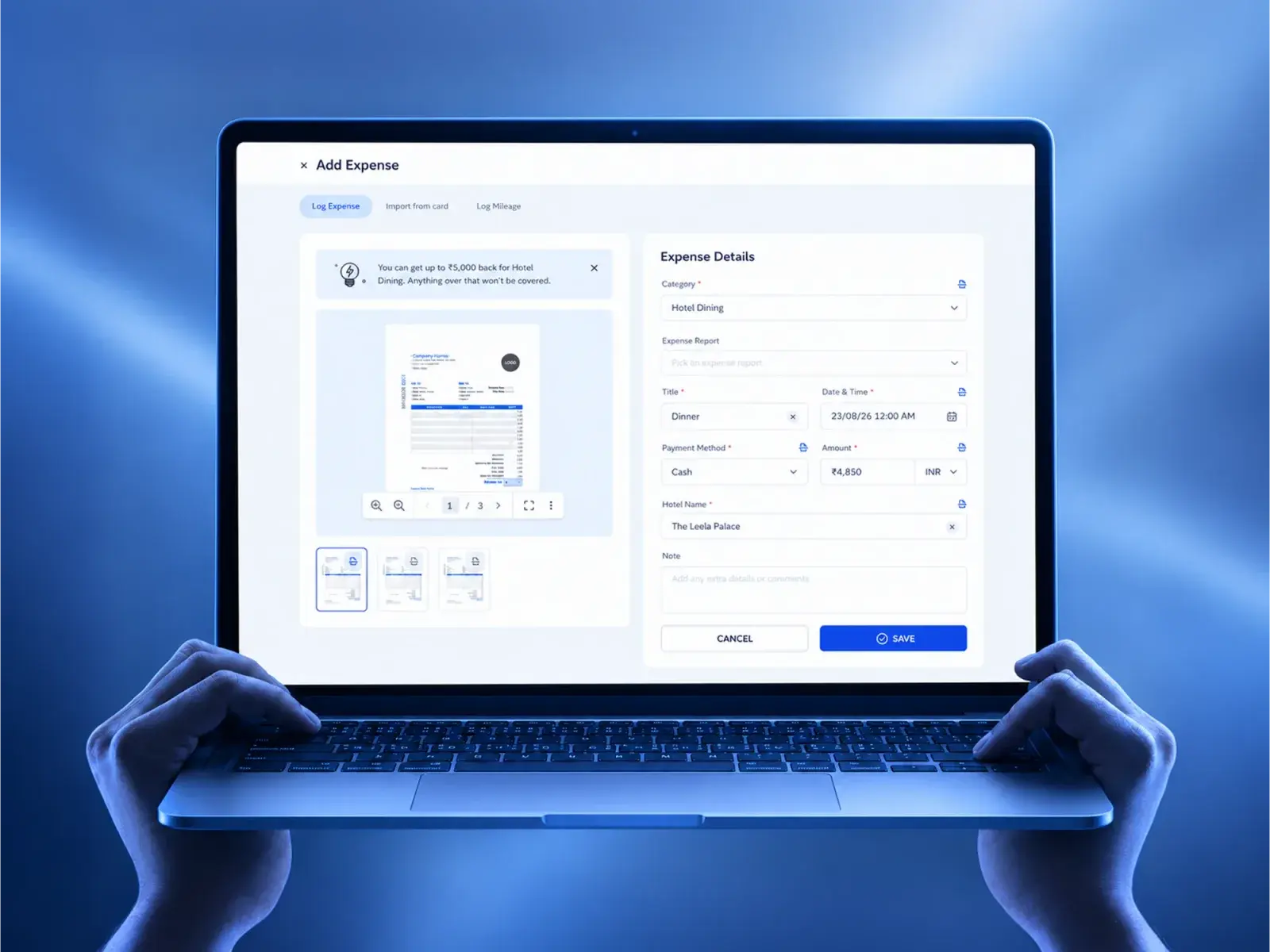 A laptop held in both hands showing the Add Expense screen: the receipt and its pages on the left, the expense details on the right