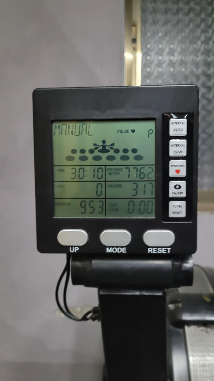 A rowing machine display after a 30-minute, 7,762-metre row