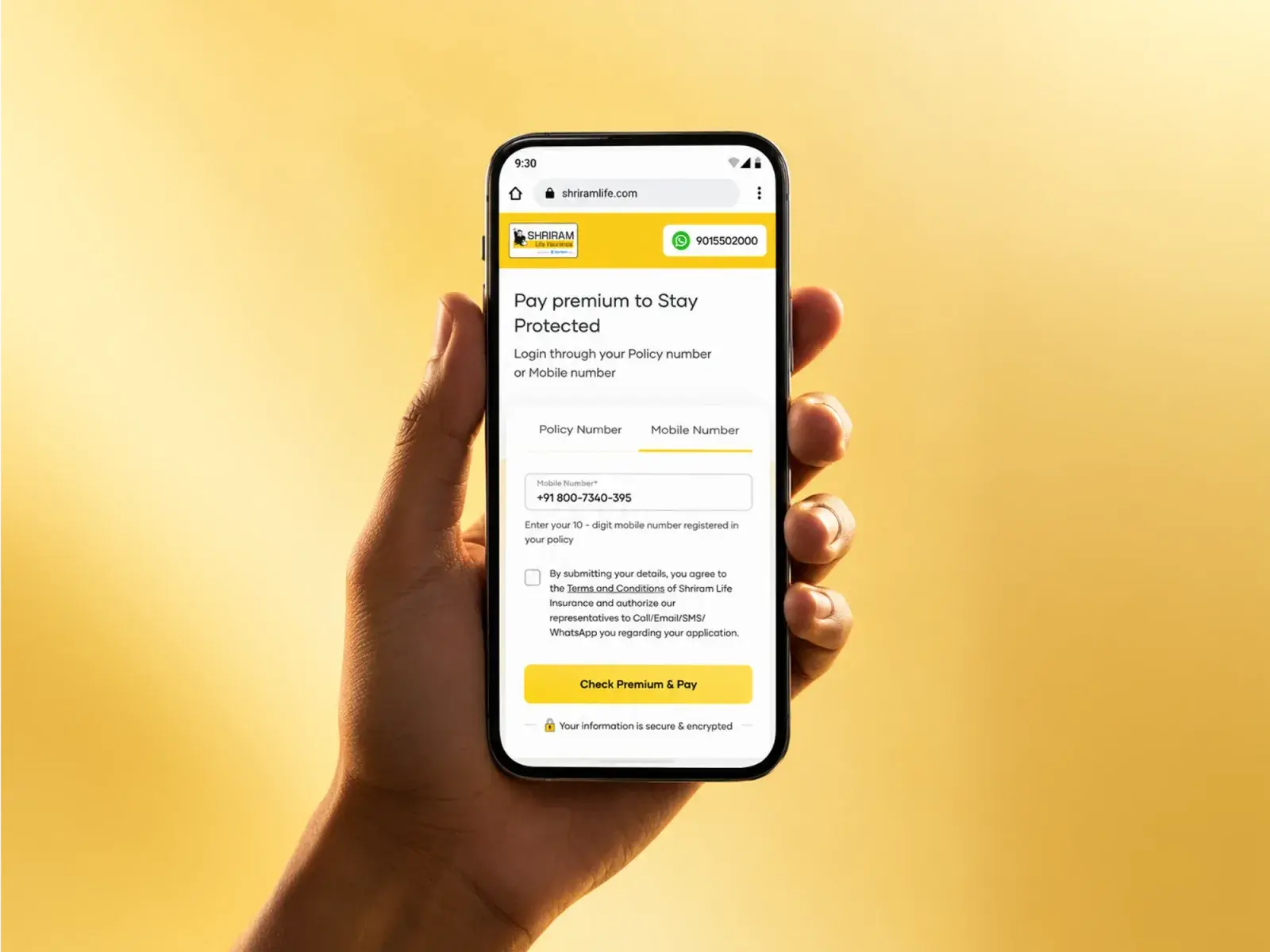 A phone held in one hand showing Quick Pay on shriramlife.com: the mobile number entered, the consent line, and Check Premium & Pay